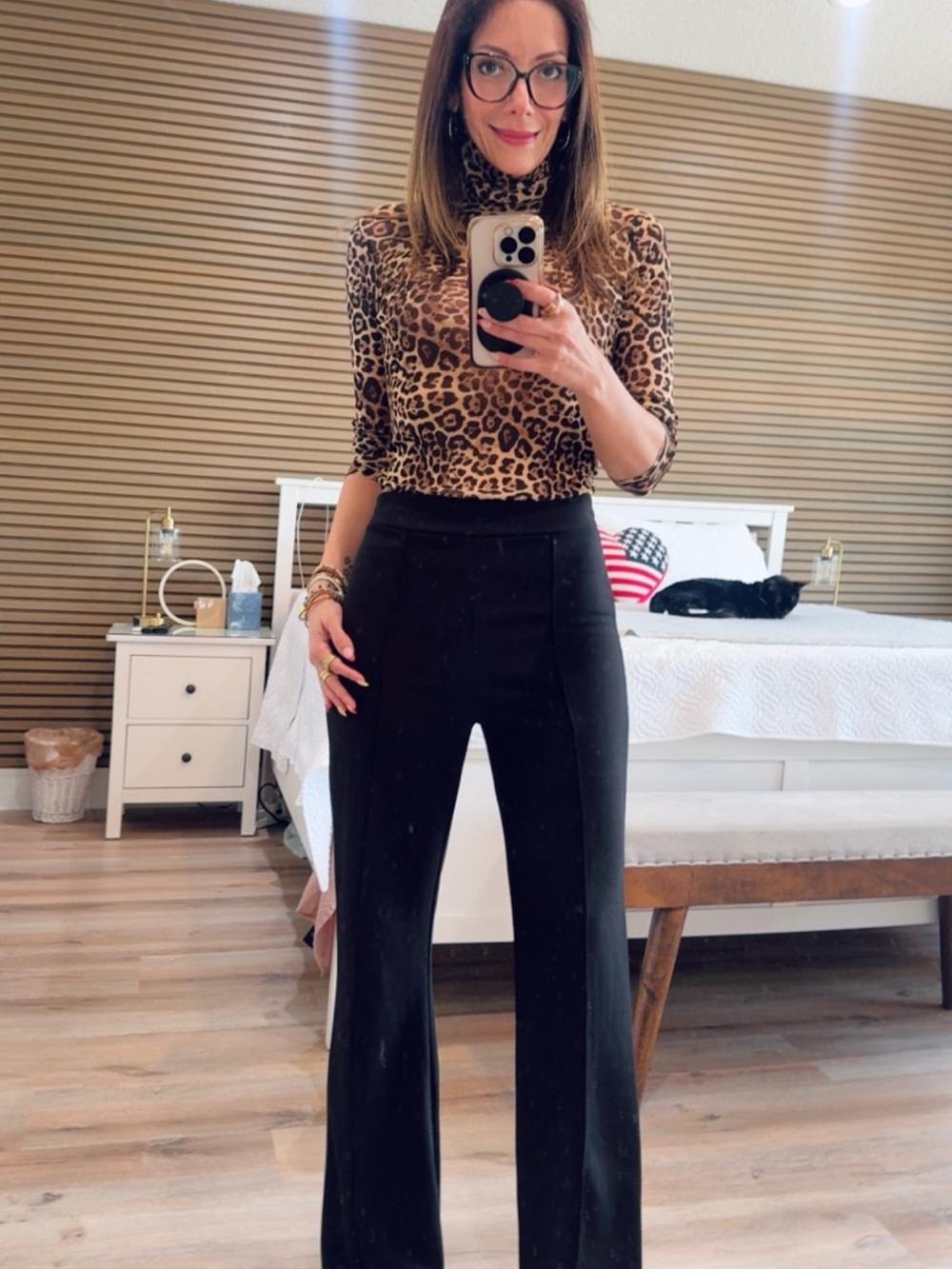 SHEIN Leopard Print Turtleneck Long Sleeve Mesh Top